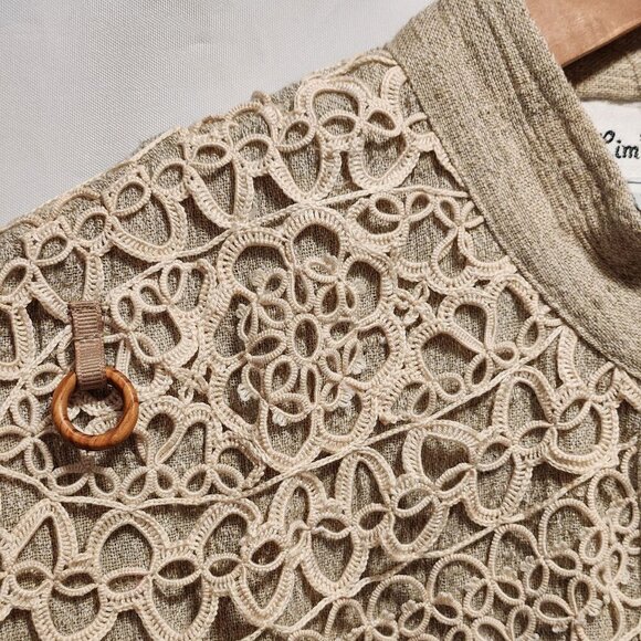 Vintage Lim's Women's OS Fits All Tan Blouse Crochet Lace Button Down Cotton USA - Picture 3 of 11